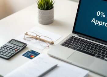 Laptop showing 0% APR approval with credit card and calculator on desk