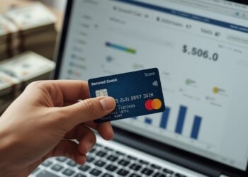 Person holding a secured credit card with a credit score screen in the background Title: