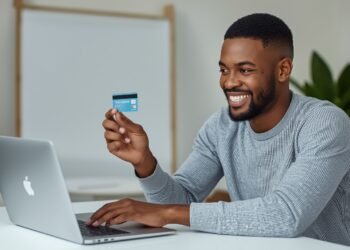 Young adult holding a new credit card after approval, smiling at laptop screen