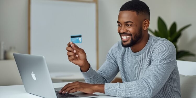 Young adult holding a new credit card after approval, smiling at laptop screen