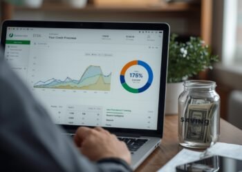 Person tracking credit builder loan progress at home with savings jar