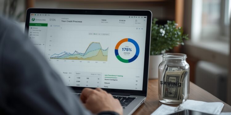 Person tracking credit builder loan progress at home with savings jar