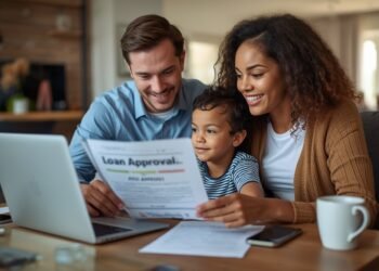A happy couple with their child sitting at a table, reviewing a same day loan approval email on a laptop in a bright, comfortable home.