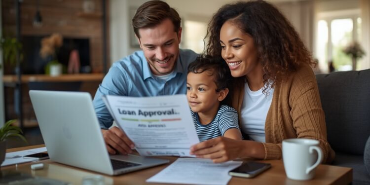 A happy couple with their child sitting at a table, reviewing a same day loan approval email on a laptop in a bright, comfortable home.