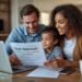 A happy couple with their child sitting at a table, reviewing a same day loan approval email on a laptop in a bright, comfortable home.