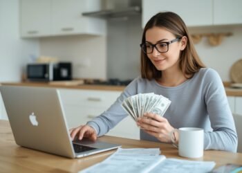 Woman reviewing same day loan offers on her laptop at home