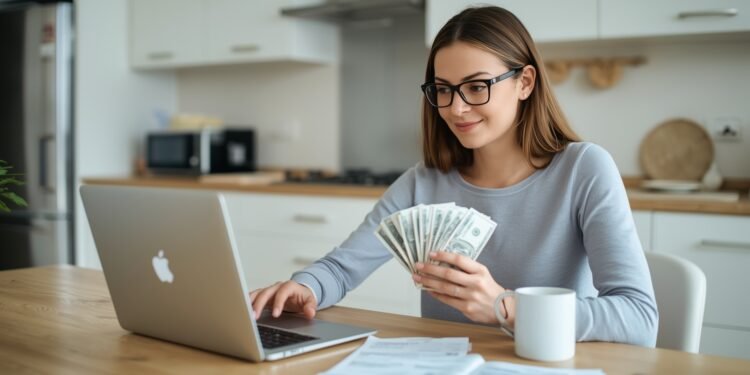 Woman reviewing same day loan offers on her laptop at home