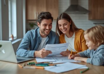 Young family celebrating loan approval at home