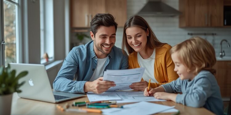 Young family celebrating loan approval at home