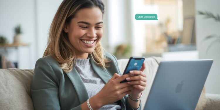 Person checking phone with same day loan approval and funds notification