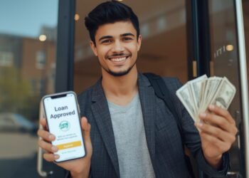 Person leaving bank with same day loan approval and cash in hand