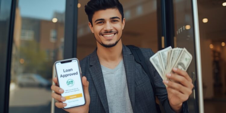Person leaving bank with same day loan approval and cash in hand