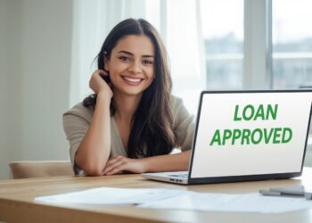 Smiling borrower checking loan approval message on laptop