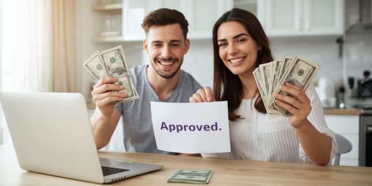 Couple holding cash and approval letter after getting credit builder loan