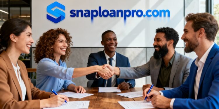 Business professionals shaking hands at a SnapLoanPro meeting after securing a business loan