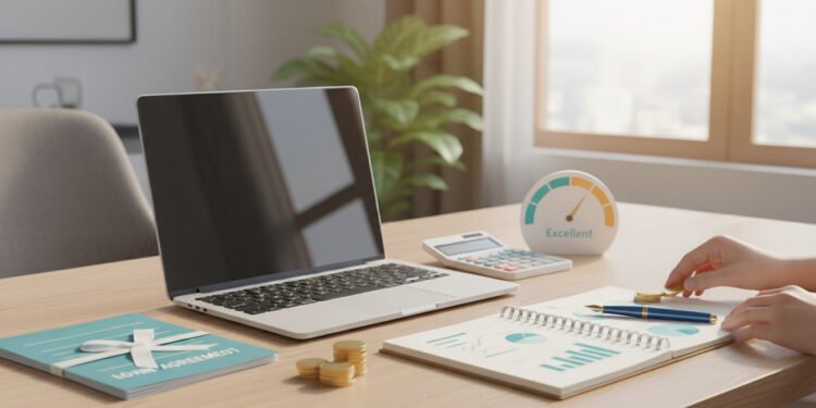 A clean financial workspace with a laptop, calculator, and loan documents representing personal loans