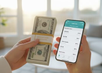 Hands holding a stack of cash and a smartphone displaying loan options, representing personal loan choices and fast online approval.