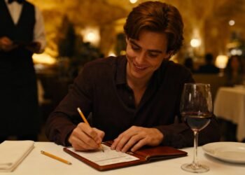 Smiling man signing and paying a dinner check at a restaurant table