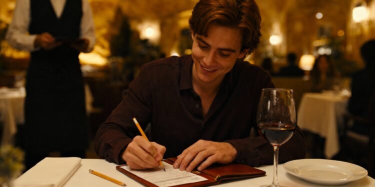 Smiling man signing and paying a dinner check at a restaurant table