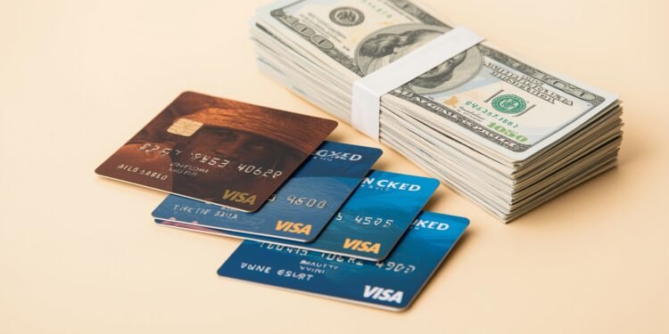 Clean financial scene with stacked credit cards, cash bundles