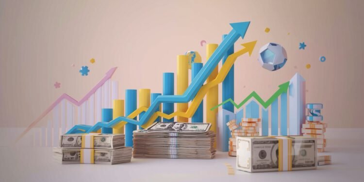 Rising financial charts and cash stacks representing personal loan trends for 2026.