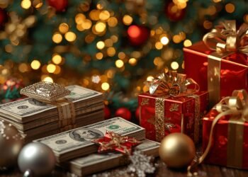 Stacks of holiday cash with Christmas lights representing personal loan demand in 2025