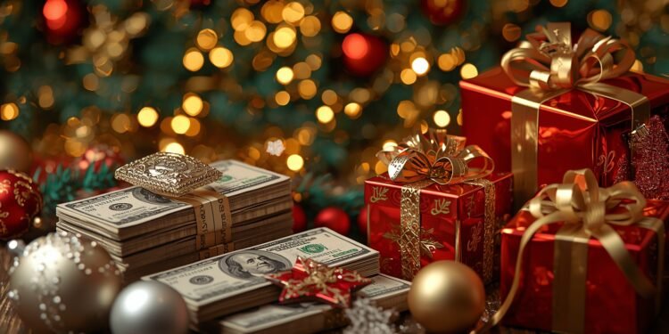 Stacks of holiday cash with Christmas lights representing personal loan demand in 2025