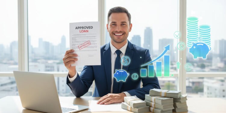 Small business owner receiving fast loan approval in a modern office