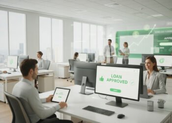 Team of financial professionals in a modern office approving same-day loans on computers