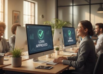 Professional office team celebrating approved same-day loans on computer screens.