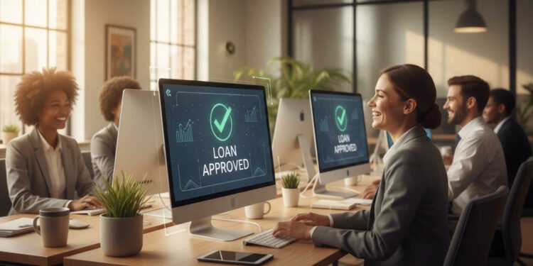 Professional office team celebrating approved same-day loans on computer screens.