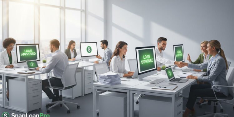professional team approving same-day loan online in modern office