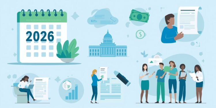 A 2026 payday loan reform illustration showing documents, money icons, and borrowers reviewing new rules