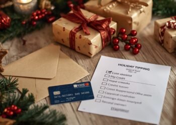 “Holiday tipping guide showing gift envelopes, credit cards, and budgeting tools”