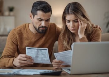 Concerned couple reviewing credit card statements and discussing debt in 2025