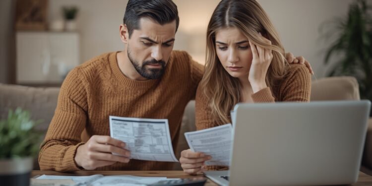 Concerned couple reviewing credit card statements and discussing debt in 2025