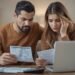 Concerned couple reviewing credit card statements and discussing debt in 2025