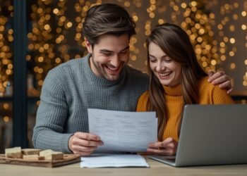 Smiling couple reviewing holiday shopping finances with a laptop and personal loan documents