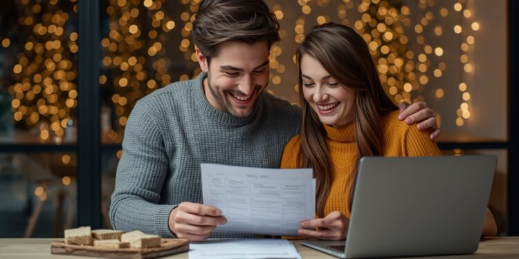 Smiling couple reviewing holiday shopping finances with a laptop and personal loan documents