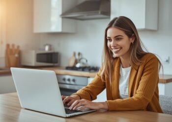 Young woman smiling while applying online for a same-day loan on her laptop