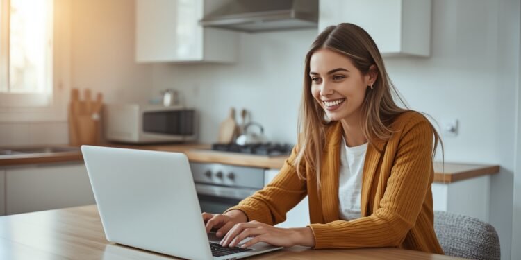 Young woman smiling while applying online for a same-day loan on her laptop
