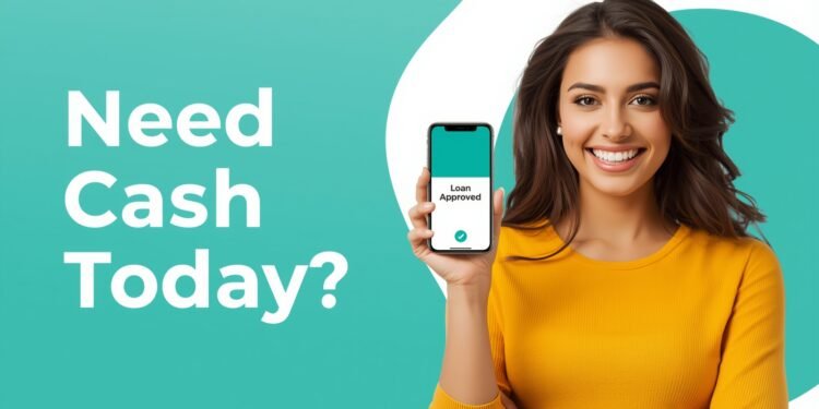 Smiling woman reviewing loan approval options on her phone.