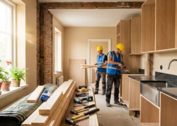 Workers completing a kitchen renovation project using new cabinets and countertops
