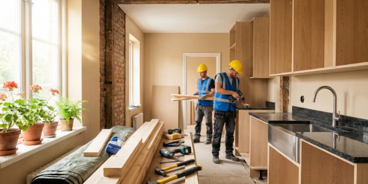 Workers completing a kitchen renovation project using new cabinets and countertops