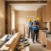 Workers completing a kitchen renovation project using new cabinets and countertops
