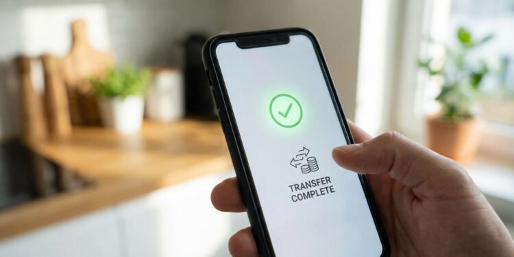 Smartphone showing a completed bank transfer indicating same-day loan funds received