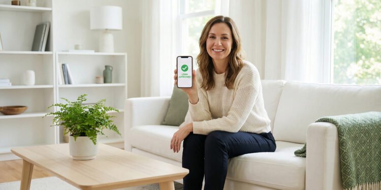 Adult reviewing a same-day loan approval on a smartphone in a calm home setting