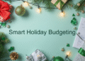Holiday gifts, budget notebook, and glowing Christmas lights symbolizing smart holiday budgeting with seasonal loans.