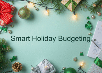 Holiday gifts, budget notebook, and glowing Christmas lights symbolizing smart holiday budgeting with seasonal loans.