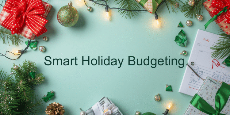 Holiday gifts, budget notebook, and glowing Christmas lights symbolizing smart holiday budgeting with seasonal loans.
